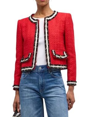 Alice + Olivia Landon Tweed Perfect Ruby Red Cropped Jacket Blazer Size XS
